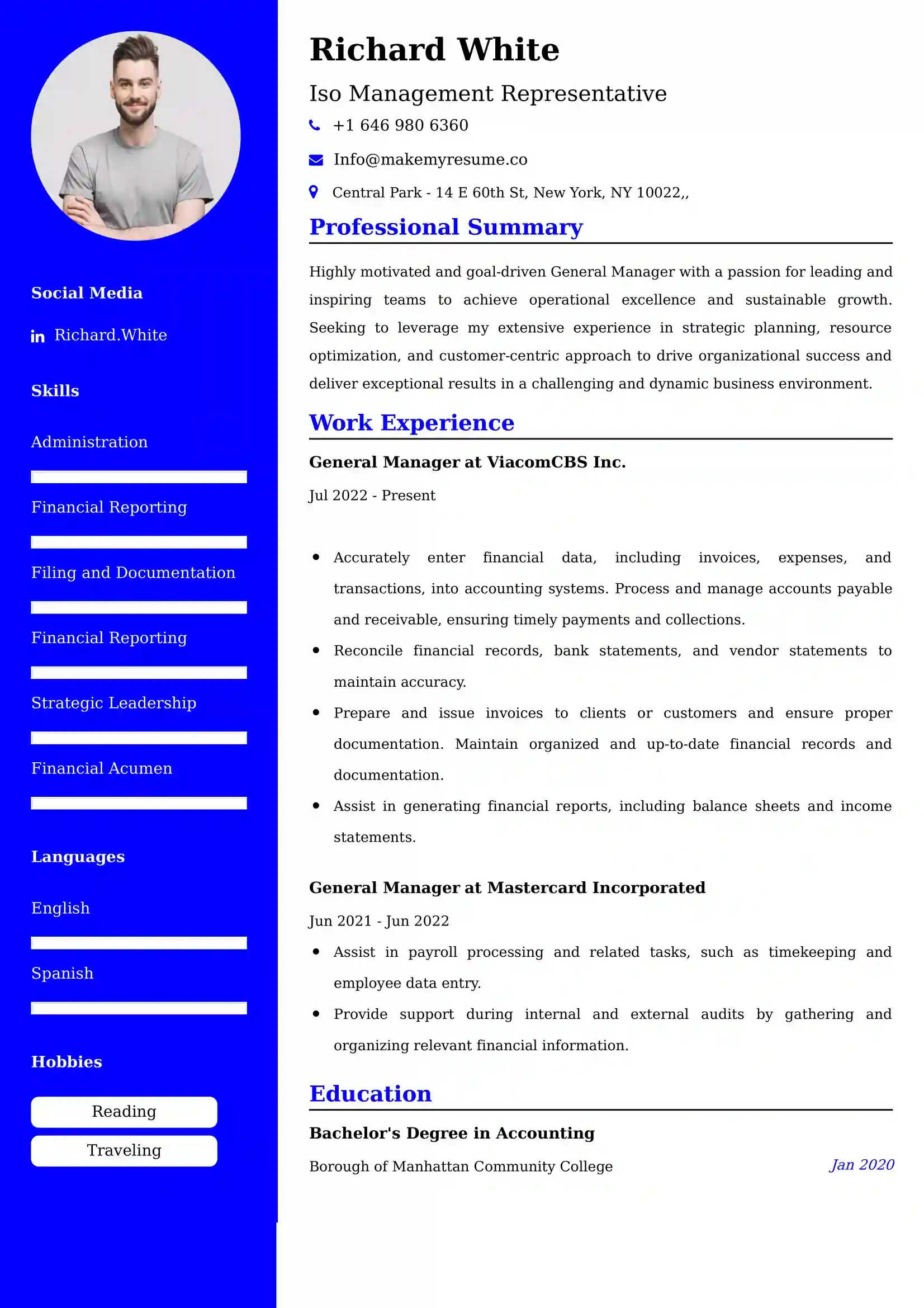 Iso Management Representative Resume Examples - UK Format, Latest Template.