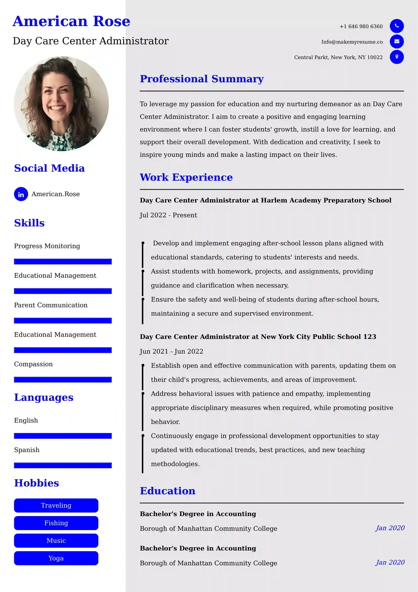 Day Care Center Administrator Resume Examples - UK Format, Latest Template.