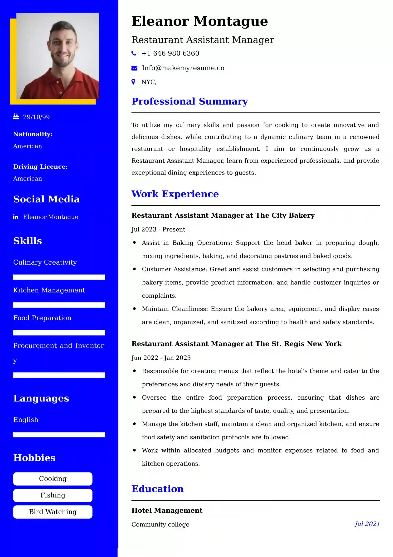Restaurant Assistant Manager Resume Examples - UK Format, Latest Template.