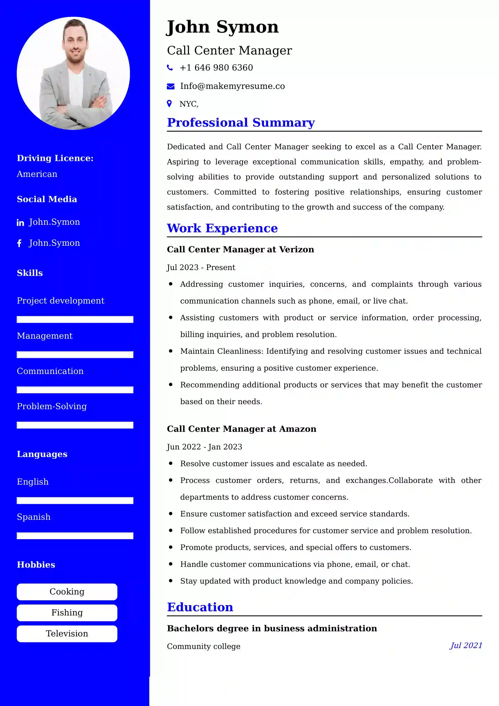 Call Center Manager Resume Examples - UK Format, Latest Template.