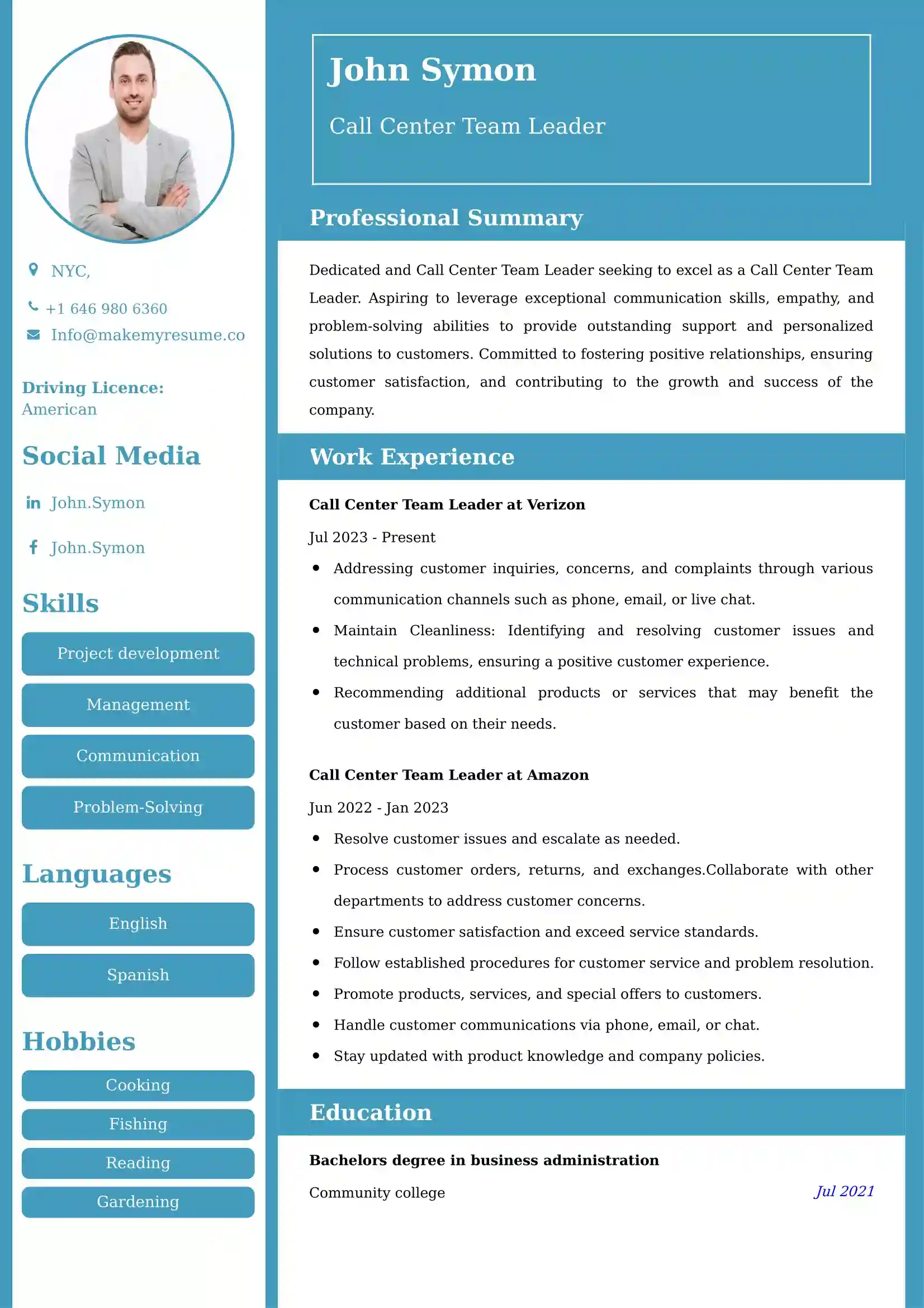 Call Center Team Leader Resume Examples - UK Format, Latest Template.