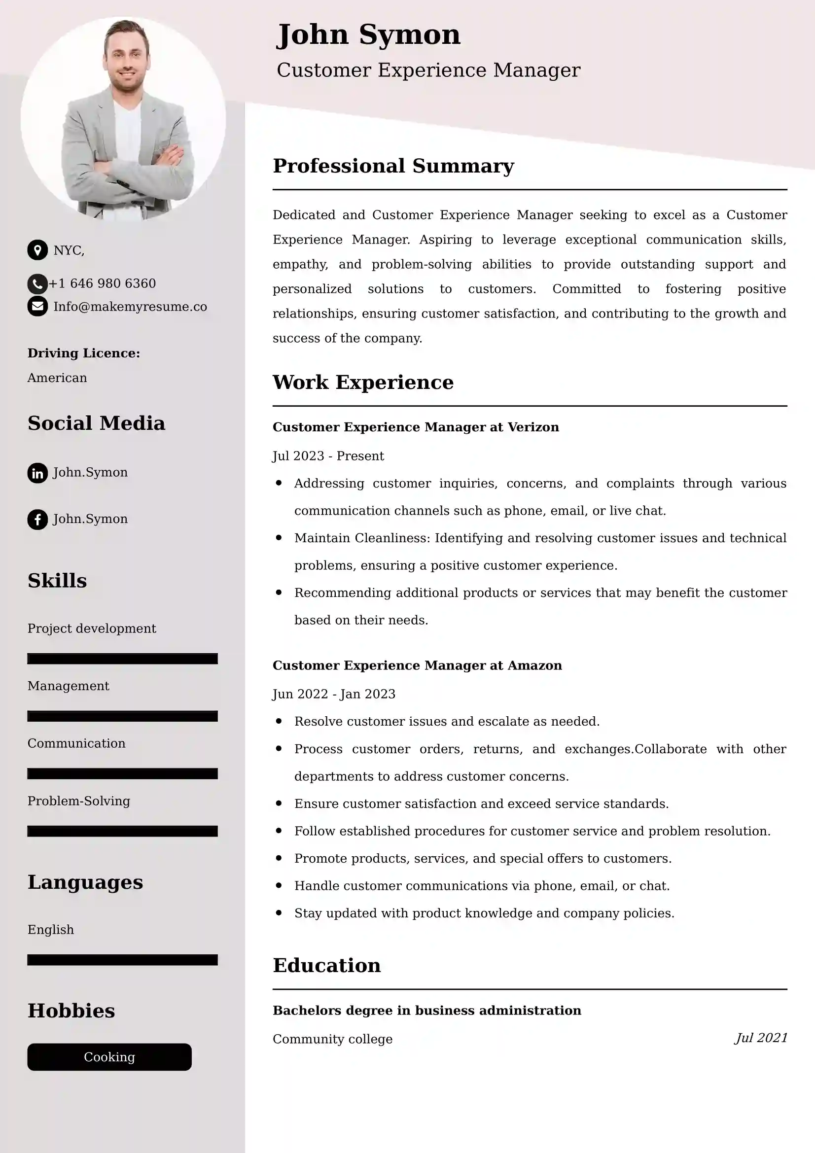 Customer Experience Manager Resume Examples - UK Format, Latest Template.