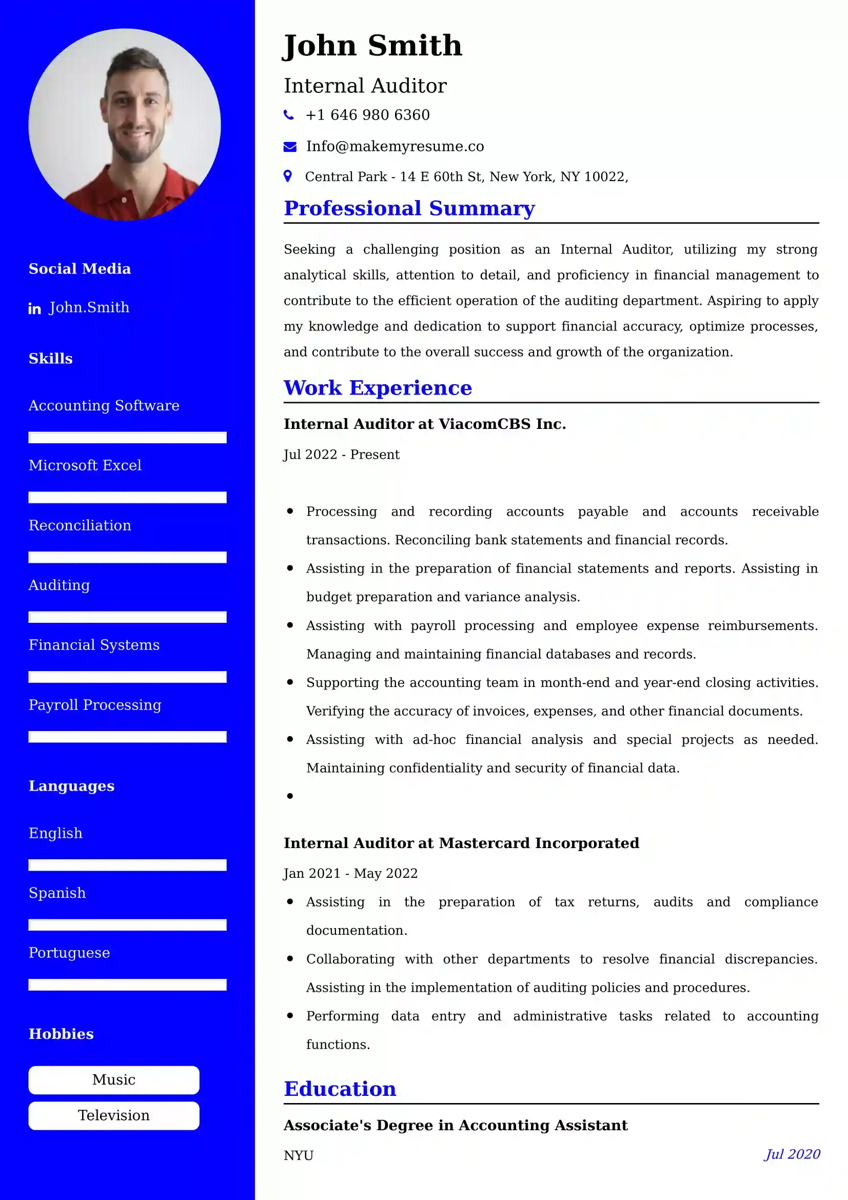 Internal Auditor Resume Examples - UK Format, Latest Template.