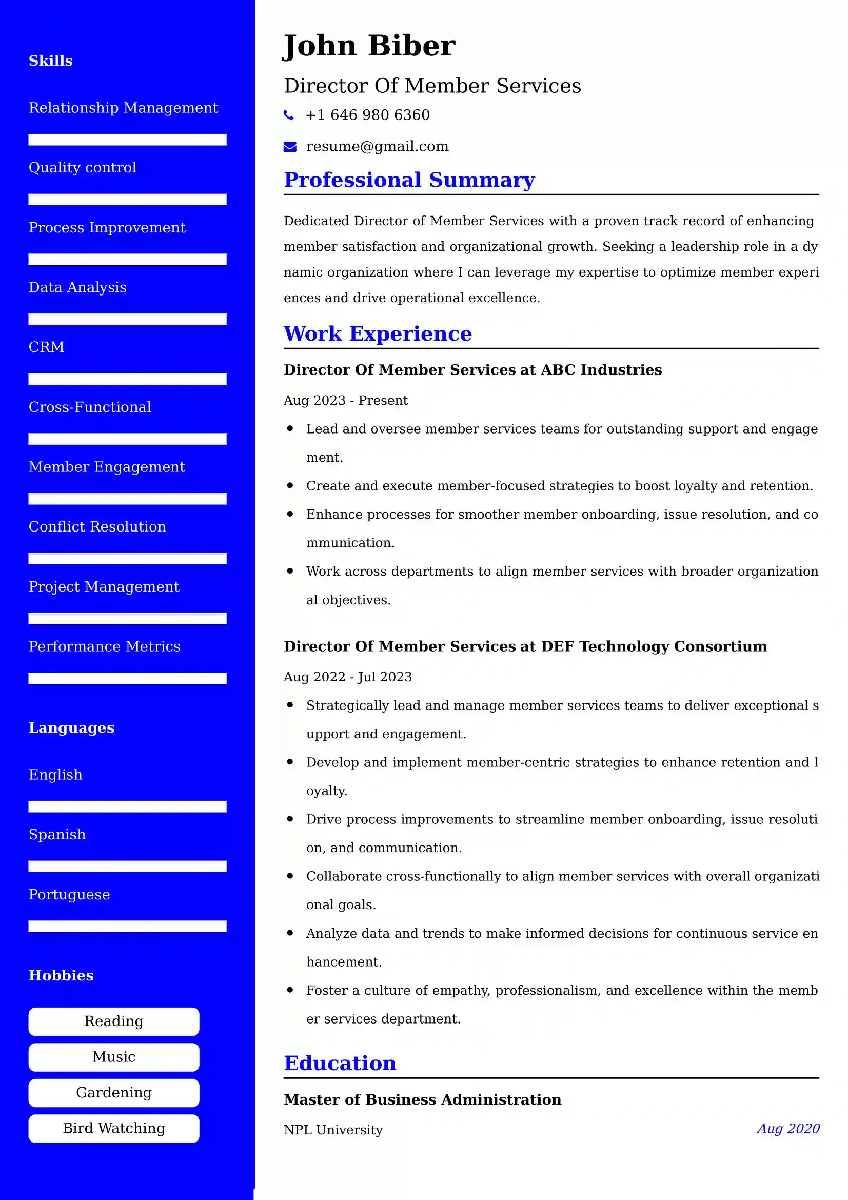 Director Of Member Services Resume Examples - UK Format, Latest Template.