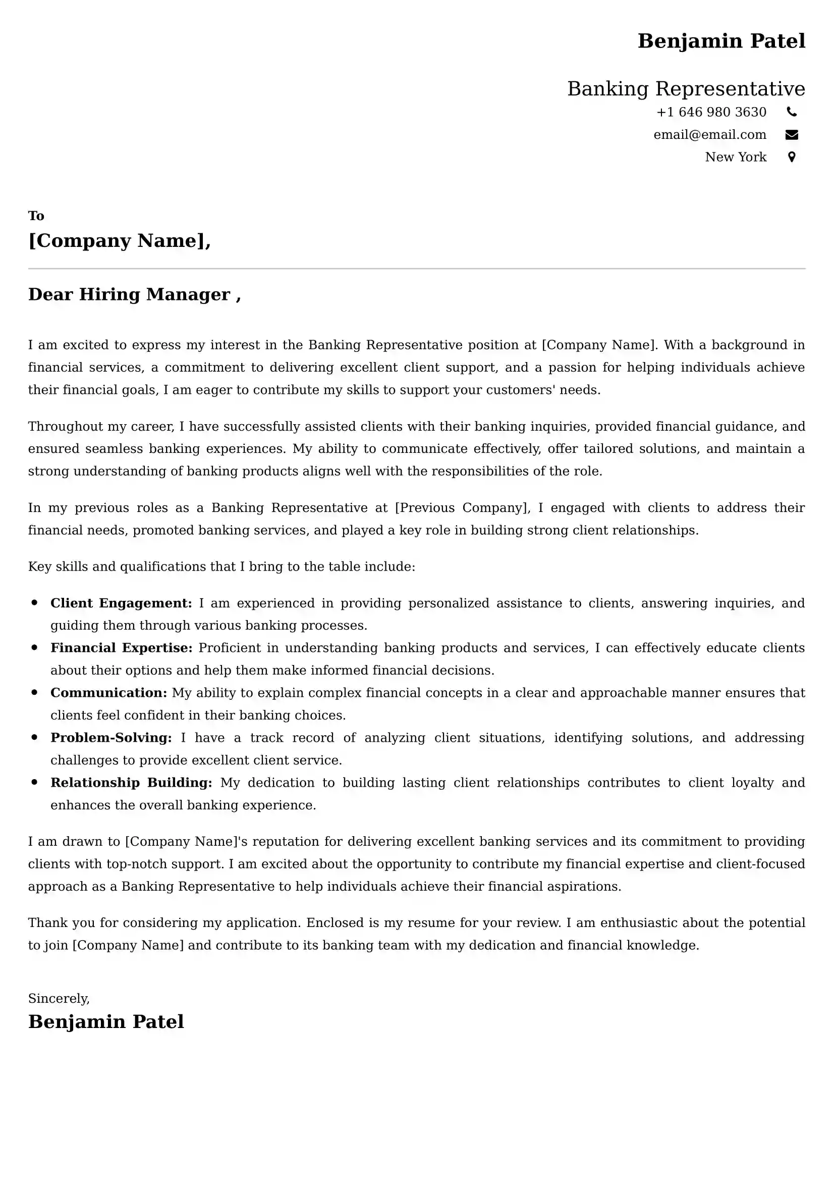 Banking Representative Cover Letter Examples - Latest UK Format