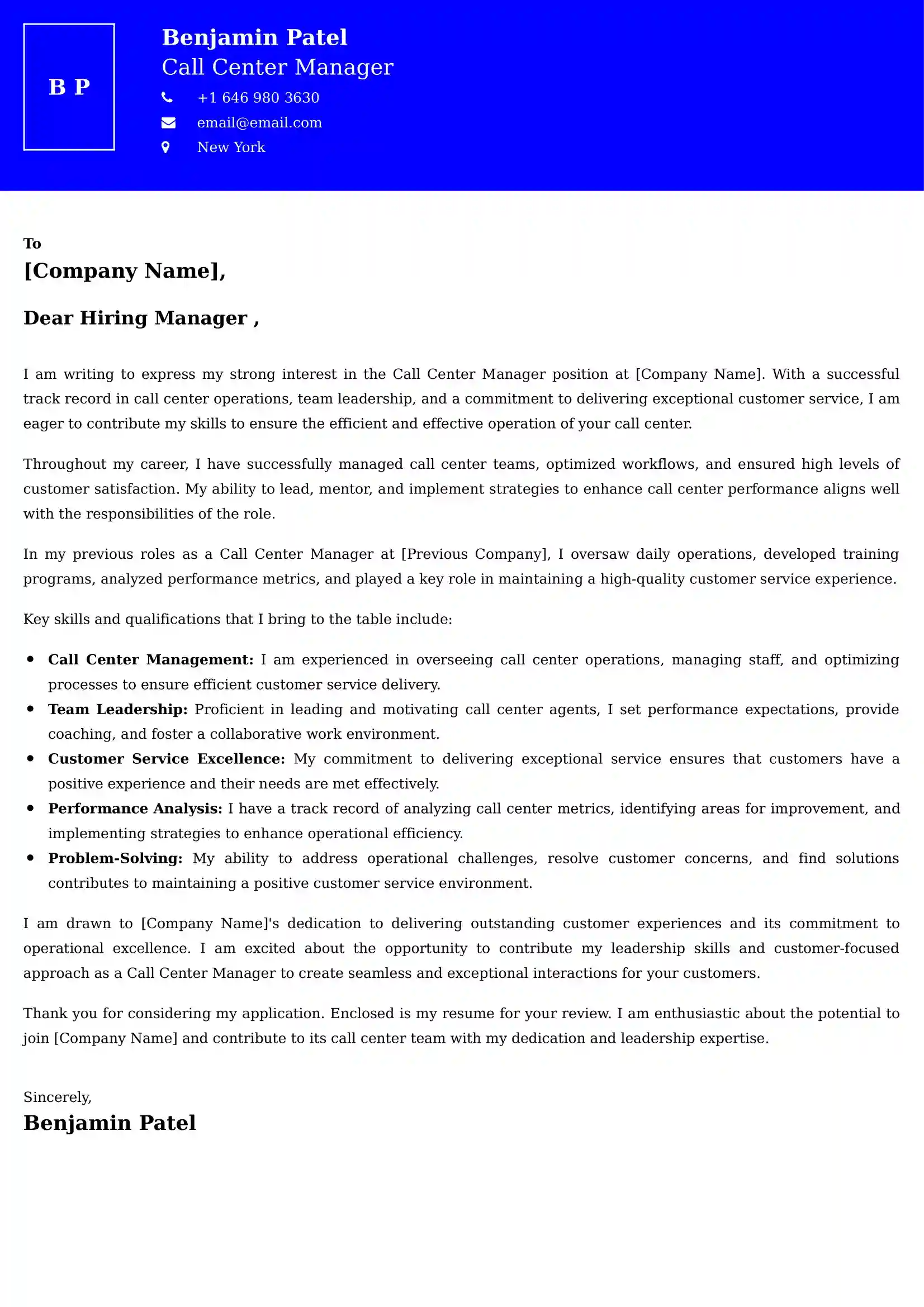 Call Center Manager Cover Letter Examples - Latest UK Format
